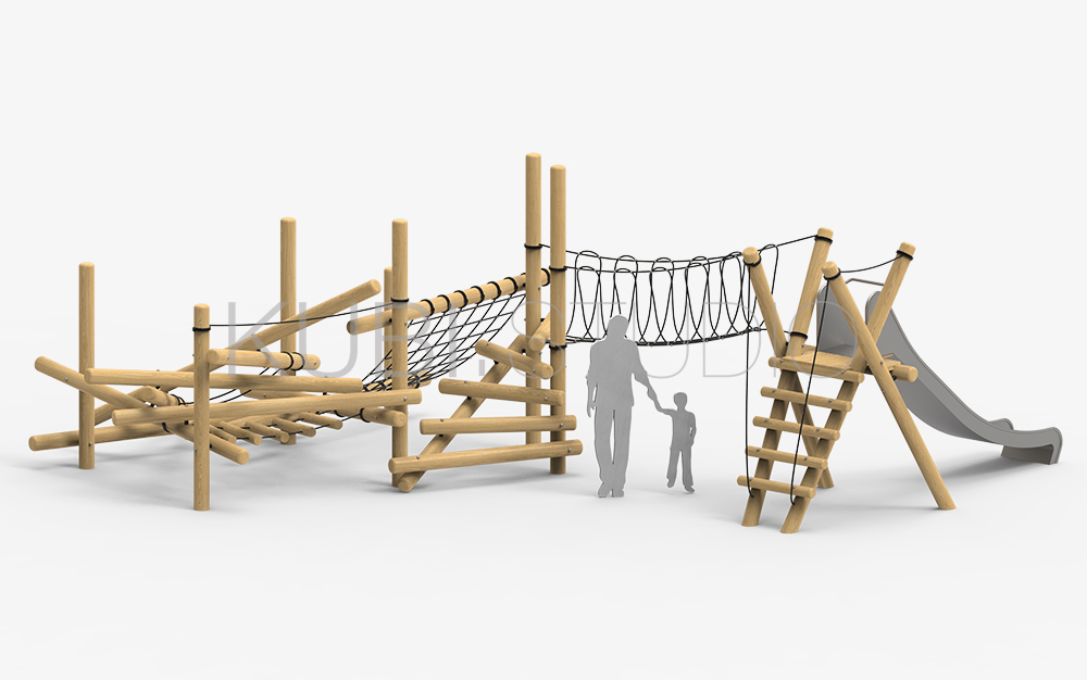 Детская площадка из бревен с подвесным мостом